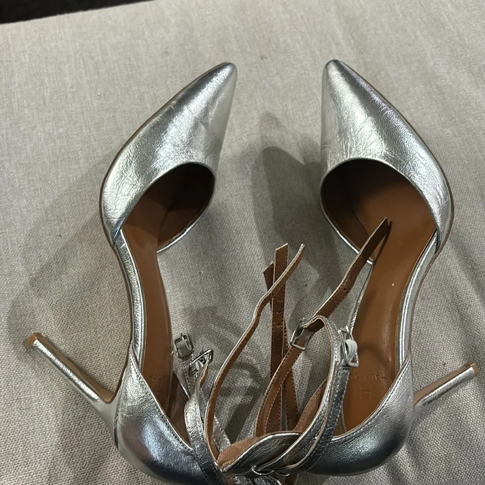 H by Halston “London” Silver Leather High Heel Ankle Strap Pump Sz 8 #12